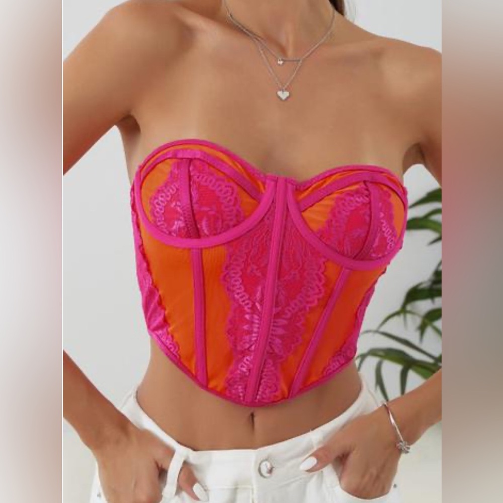 SHEIN Vibrant Pink/ Orange Lace- Trimmed‎ Bustier With Supportive Design Sz M